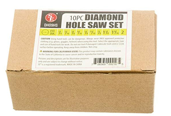 A brown cardboard box with a white label reading '10PC DIAMOND HOLE SAW SET' and the DH09HS brand logo, photographed on a plain white background.