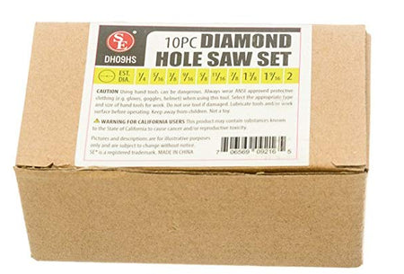 A brown cardboard box with a white label reading '10PC DIAMOND HOLE SAW SET' and the DH09HS brand logo, photographed on a plain white background.
