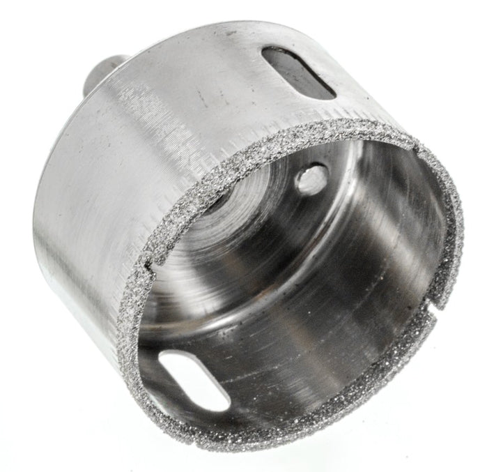 A heavy-duty diamond core drill bit with a metallic silver body and a textured diamond-cut perimeter, shown on a clean white background.