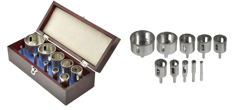 DH10HS 10 Piece Diamond Hole Saw Set in Wooden Case 80 Grit Stone