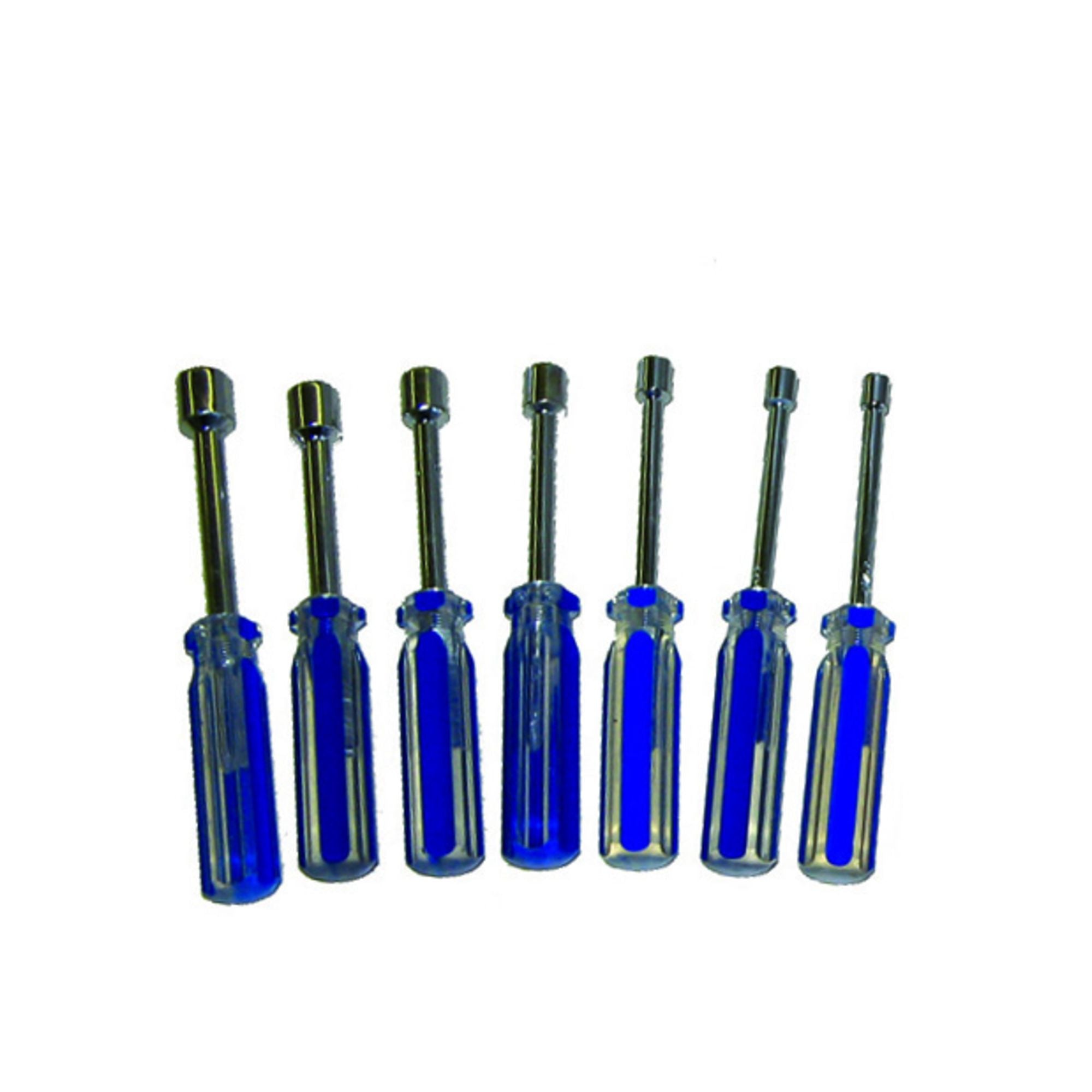 Seven miniature blue-handled screwdriver bits with silver metal shafts, arranged in a row on a plain white background.