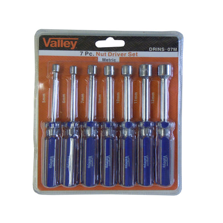 Valley 7-piece metric nut driver set in its original blister card packaging, featuring blue and silver handles with various bit sizes.