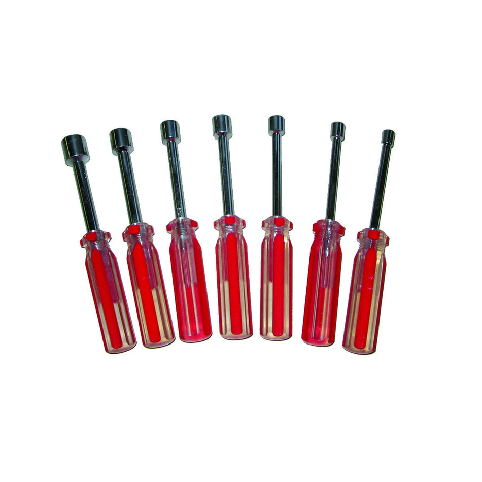 Six red-handled flathead screwdrivers arranged in a row on a plain white background.
