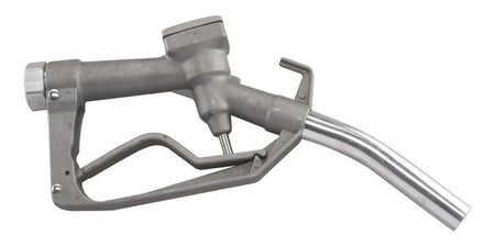 A metal sprinkler head nozzle with a curved silver metal pipe connection, isolated on a white background.