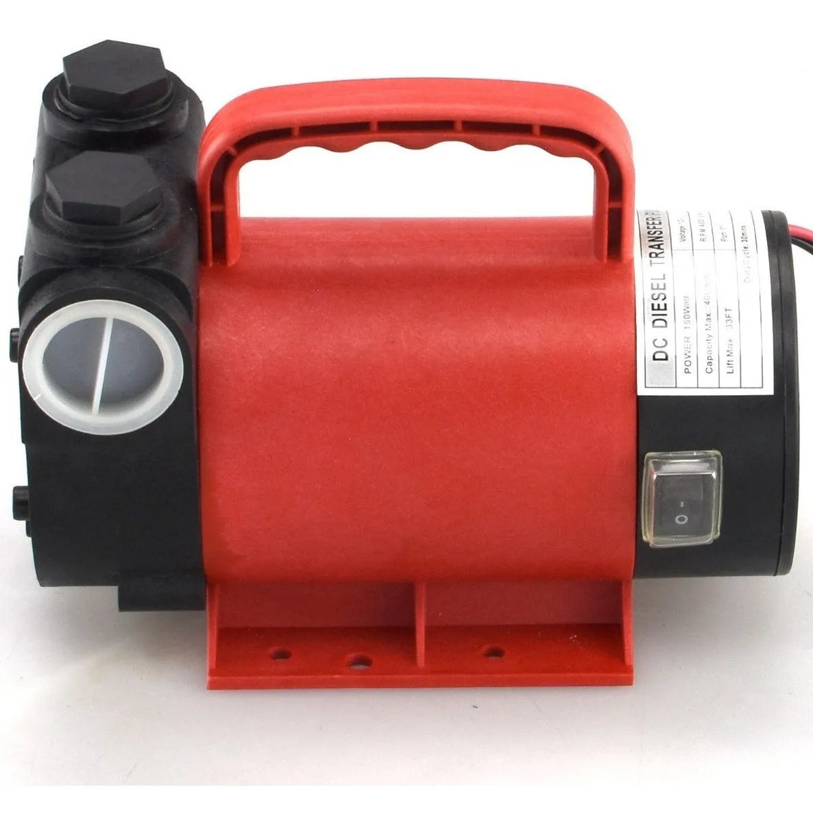 A red and black DC diesel pump with a carrying handle, a white specification label, and a power switch, shown on a white background.