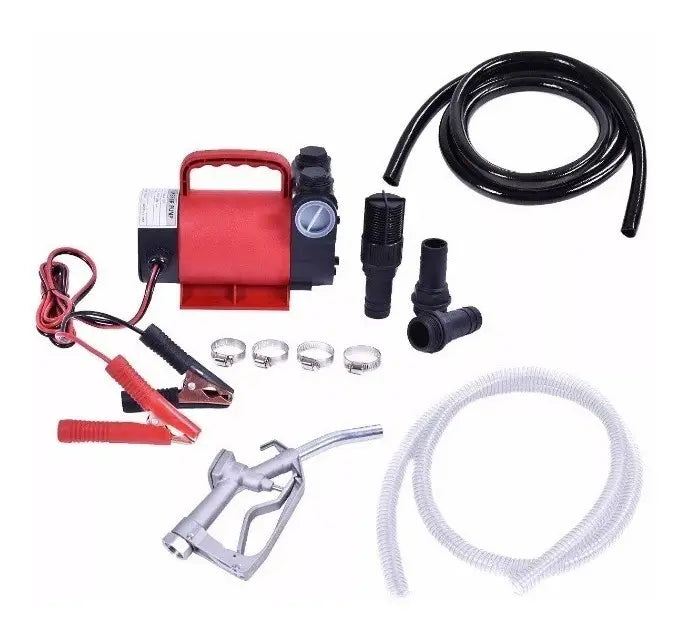 A portable air pump kit with a red and black electric pump, black hose, metal fittings, clamps, a silver nozzle, and a clear hose on a white background.