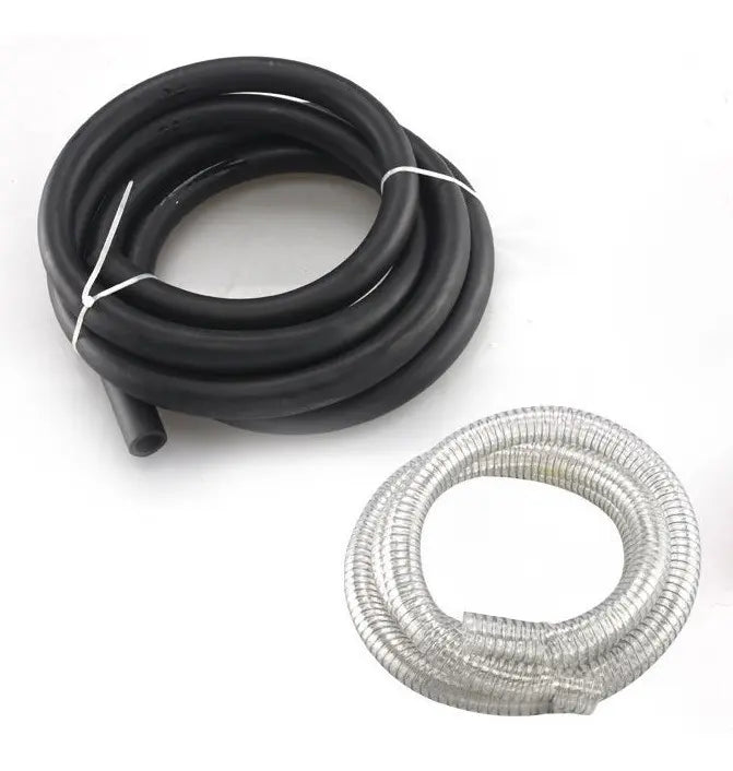 A coiled black rubber hose and a coiled silver metal corrugated tube, both photographed on a plain white background.