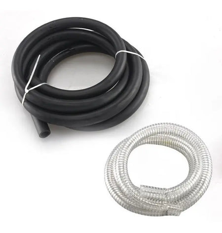 A coiled black rubber hose and a coiled silver metal corrugated tube, both photographed on a plain white background.