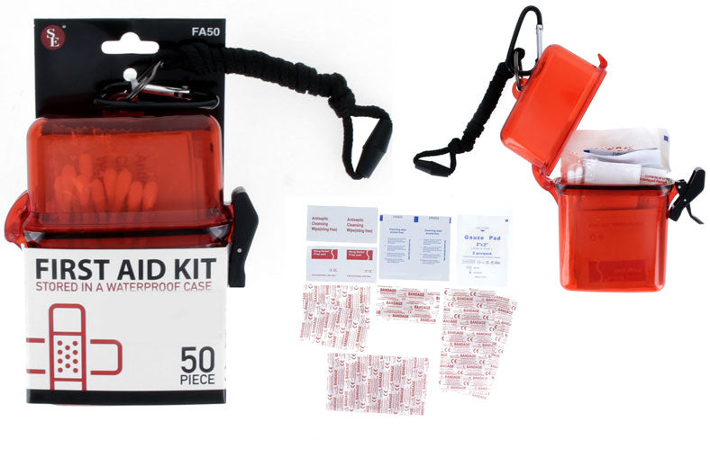 50-Piece First Aid Kit Stored in Waterproof Case with 5mm Carabineer & Lanyard
