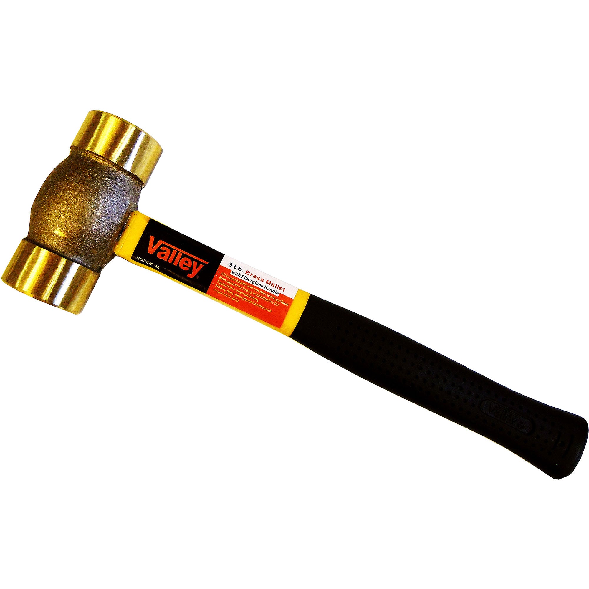 A Valley 2 1/4 inch hammer with a brass head and a black textured handle, shown on a plain white background.
