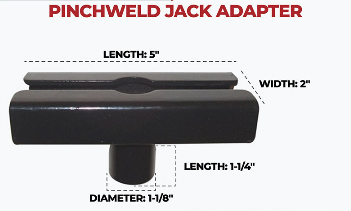 Black metal pinchweld jack adapter with labeled dimensions showing length 5 inches, width 2 inches, and diameter 1-1/8 inches on a white background.