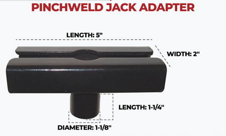 Black metal pinchweld jack adapter with labeled dimensions showing length 5 inches, width 2 inches, and diameter 1-1/8 inches on a white background.