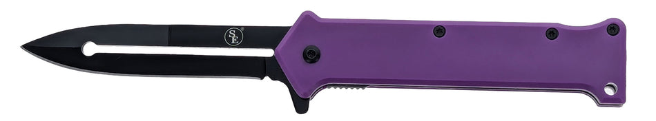 4 1/2" Spring Assisted Dagger Point Pocket Knife with Purple Handle, Pocket Clip