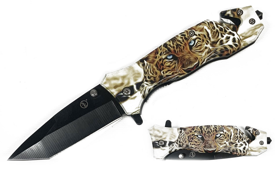 4 1/2" Spring Assisted Chettah Eyes Design Tanto Blade Pocket Knife, Clip