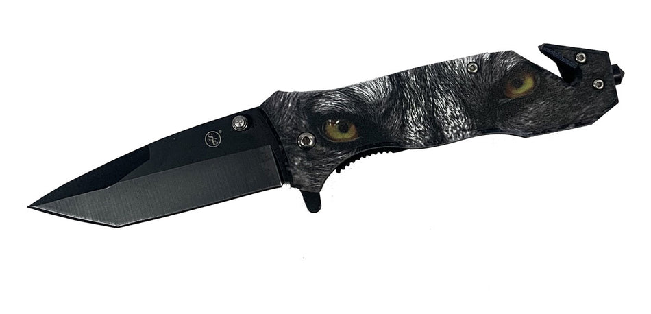 4.5"/Spring Assisted Wolf Eyes Design Tanto Blade Pocket Knife, Clip/Window brkr