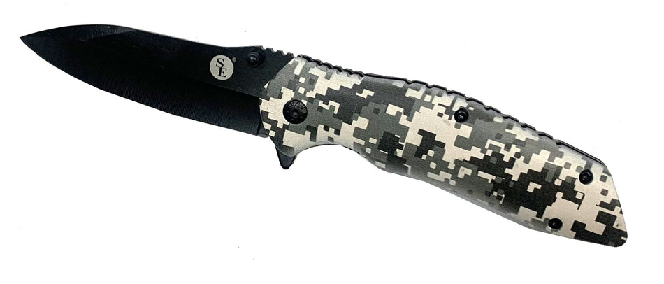 Pocket Knife w/ Fire Starter & Whistle Green Camo Design Clip Point 4.75" Blade