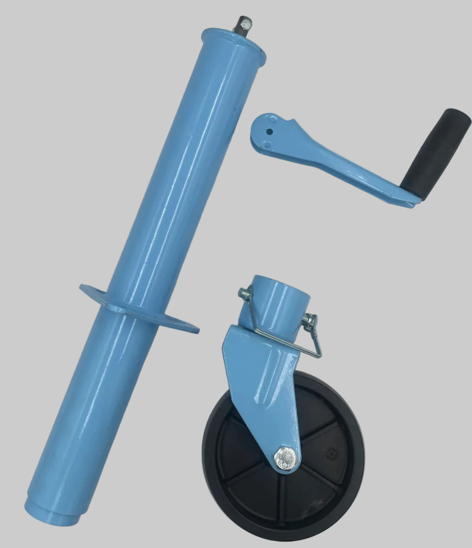 Blue cylindrical tool with black handle and wheel on a white background