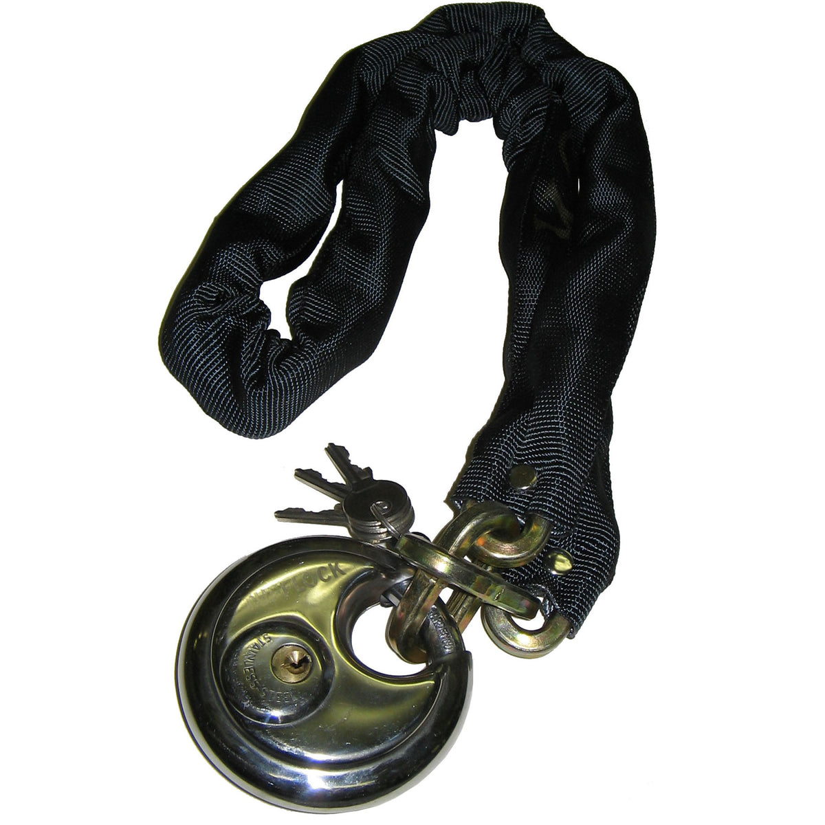 A black heavy-duty nylon chain link lock secured with a shiny chrome padlock and keys, shown on a plain white background.