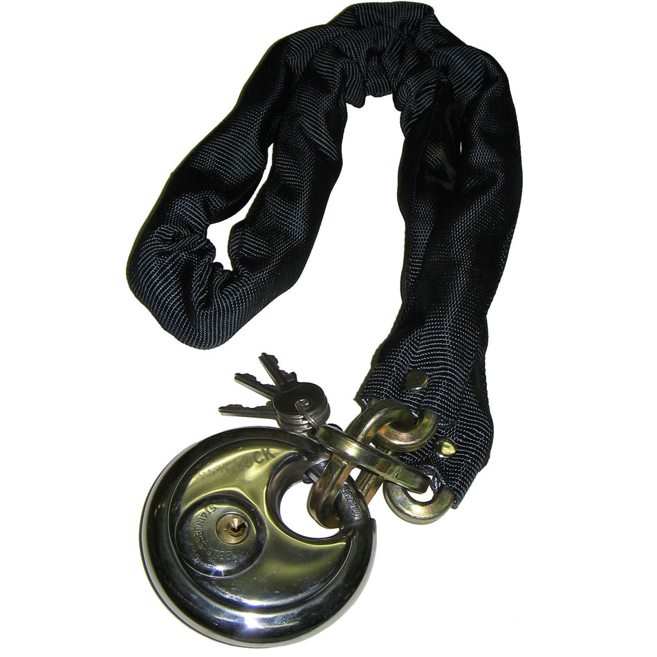 A black heavy-duty nylon chain link lock secured with a shiny chrome padlock and keys, shown on a plain white background.