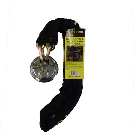 A black motorcycle security chain with a padlock, shown with its yellow and black retail packaging tag on a plain white background.