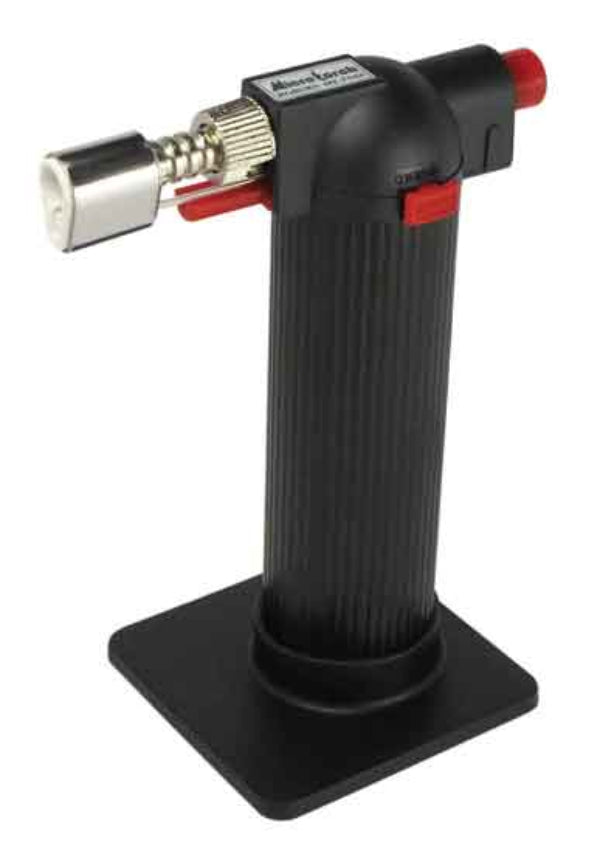 Butane torch with black base and red accents on a white background