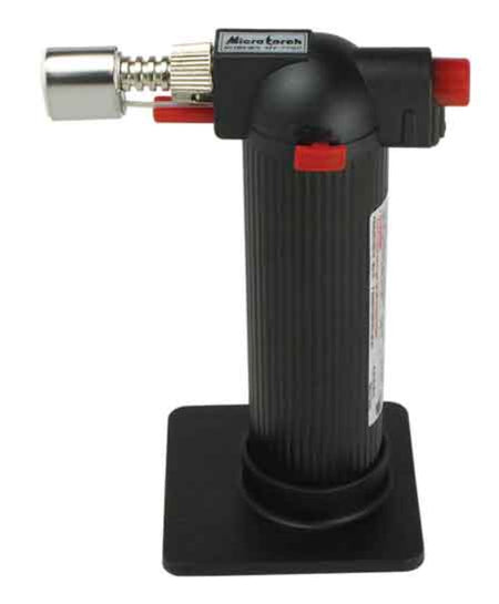 Butane torch with a black body and red accents on a white background