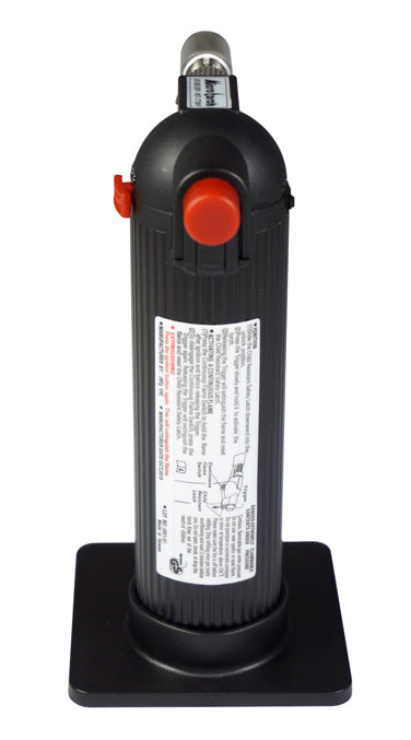 Black handheld tool with a red button on a white background