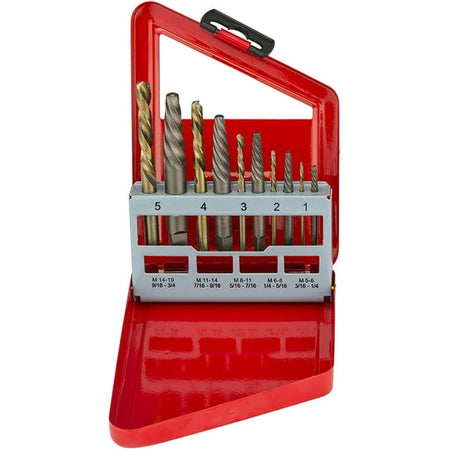 A 10-piece drill bit set in a red plastic case with a numbered holder, shown on a plain white background.
