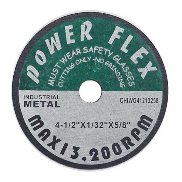 A circular industrial grinding disc labeled 'POWER FLEX' with a green upper section and a silver lower section, featuring product specifications and safety text, on a plain white background.