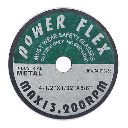 A circular industrial grinding disc labeled 'POWER FLEX' with a green upper section and a silver lower section, featuring product specifications and safety text, on a plain white background.