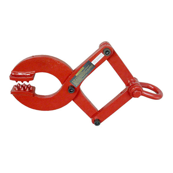 A red metal clamp or hook tool with a square frame, a ring handle, and a warning label, shown on a plain white background.