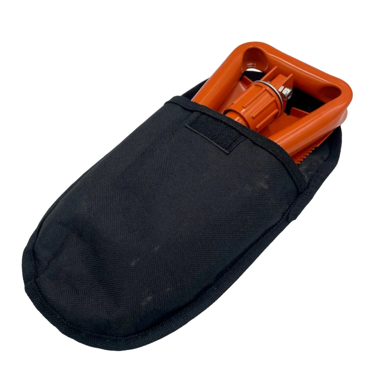 Black tool pouch with orange handle on a light gray background