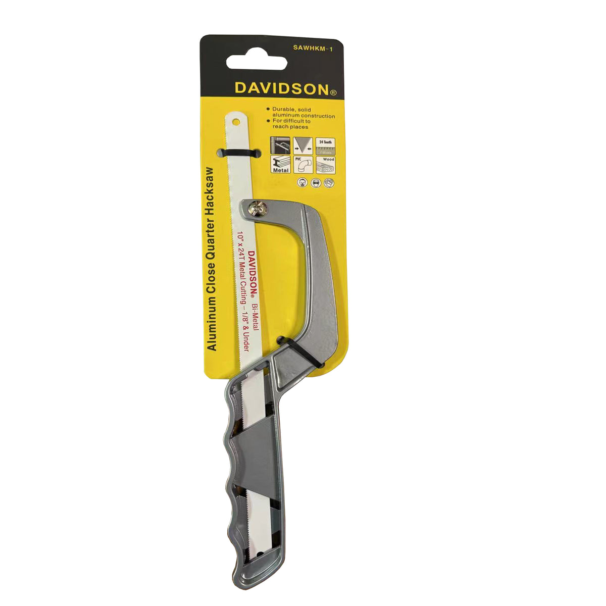 A packaged Davidson aluminum clip quilter's neck saw with a gray handle and silver blade, mounted on a yellow and black retail card against a white background.