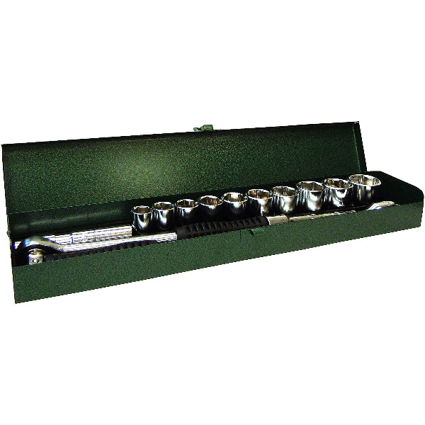Set of sockets and wrenches in a green case on a white background