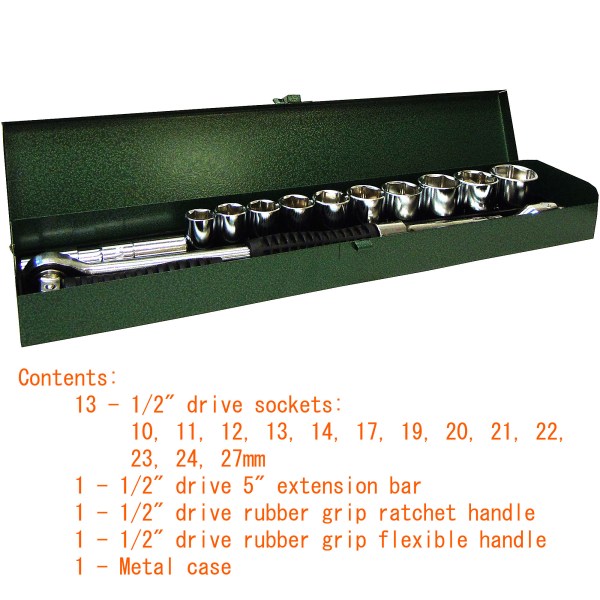 Set of sockets and tools in a green case with specifications listed.
