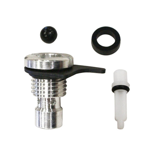 Mechanical parts including a silver valve, black rubber washer, and white O-ring on a white background