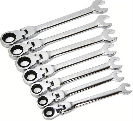 Set of six silver ratcheting wrenches on a white background