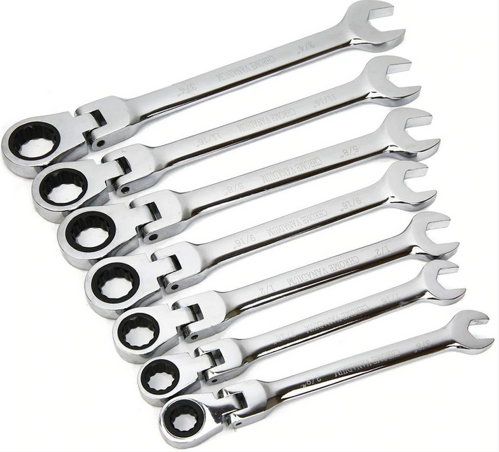 Set of six silver ratcheting wrenches on a white background