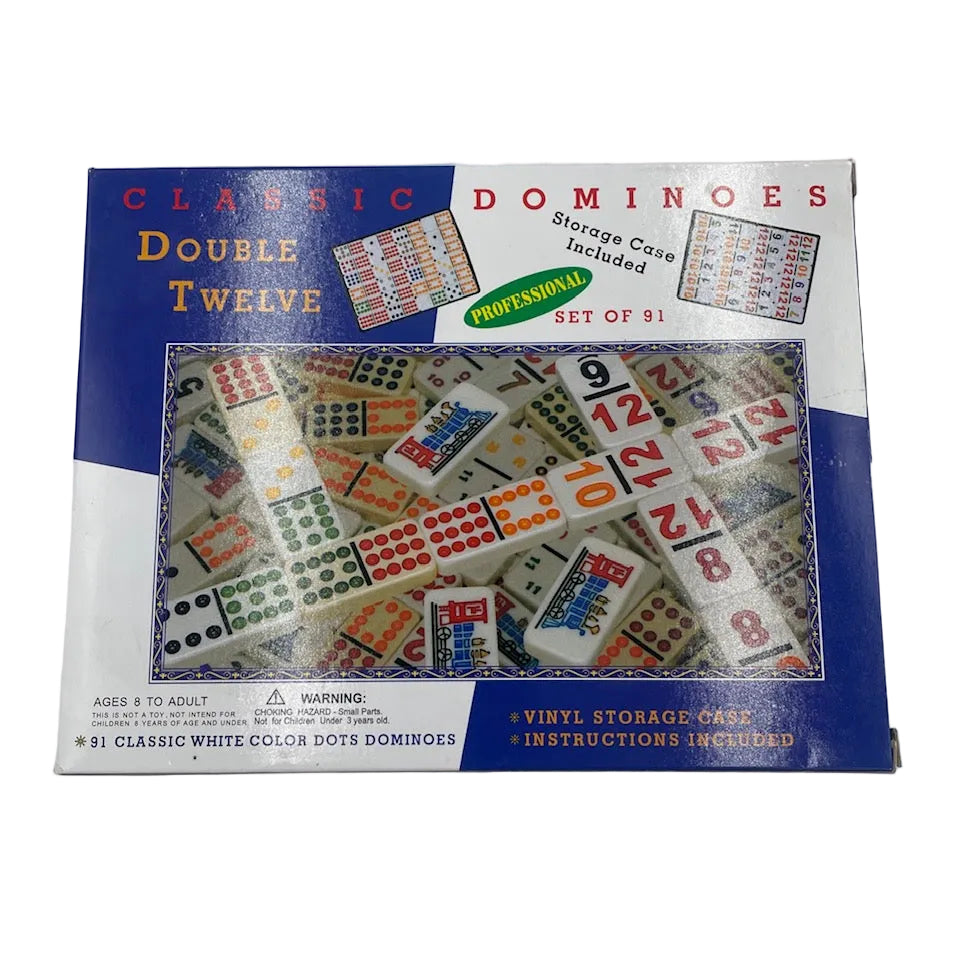 Box of Classic Dominoes Double Twelve game set on a white background
