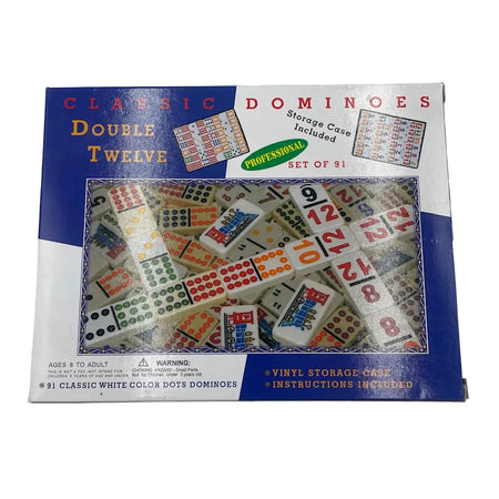 Box of Classic Dominoes Double Twelve game set on a white background