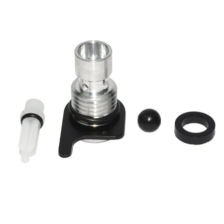 Mechanical parts including a silver cylindrical component, black adjustable base, and two black rings on a white background.