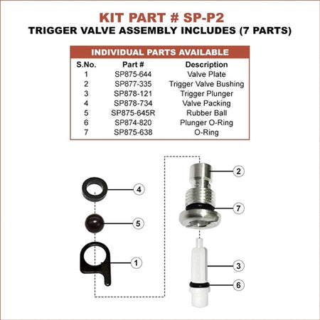 Trigger valve assembly parts with labeled components and part list on a white background