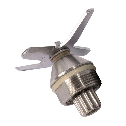 A stainless steel kitchen blender blade assembly with a metal motor housing, beige rubber gasket, and a four-blade impeller, shown on a plain white background.