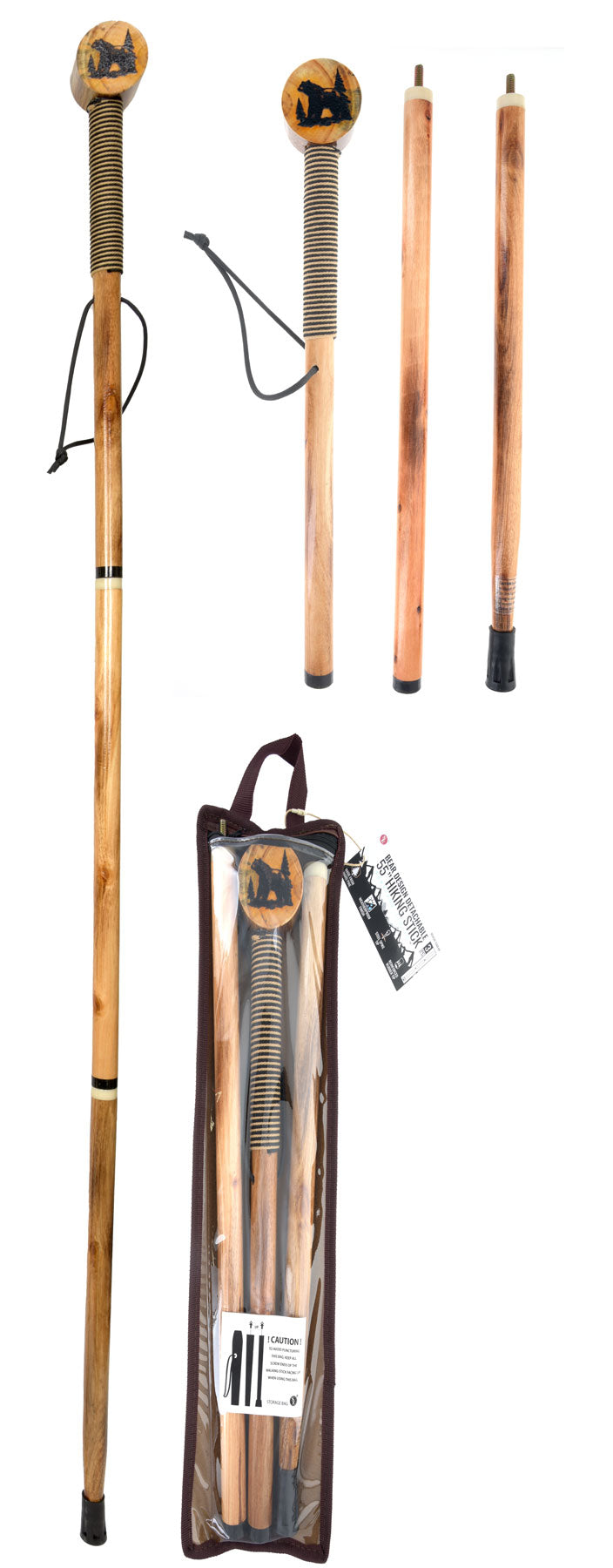 55"/3Pc Detachable Pine Wood Hiking Stick (Bear Design)