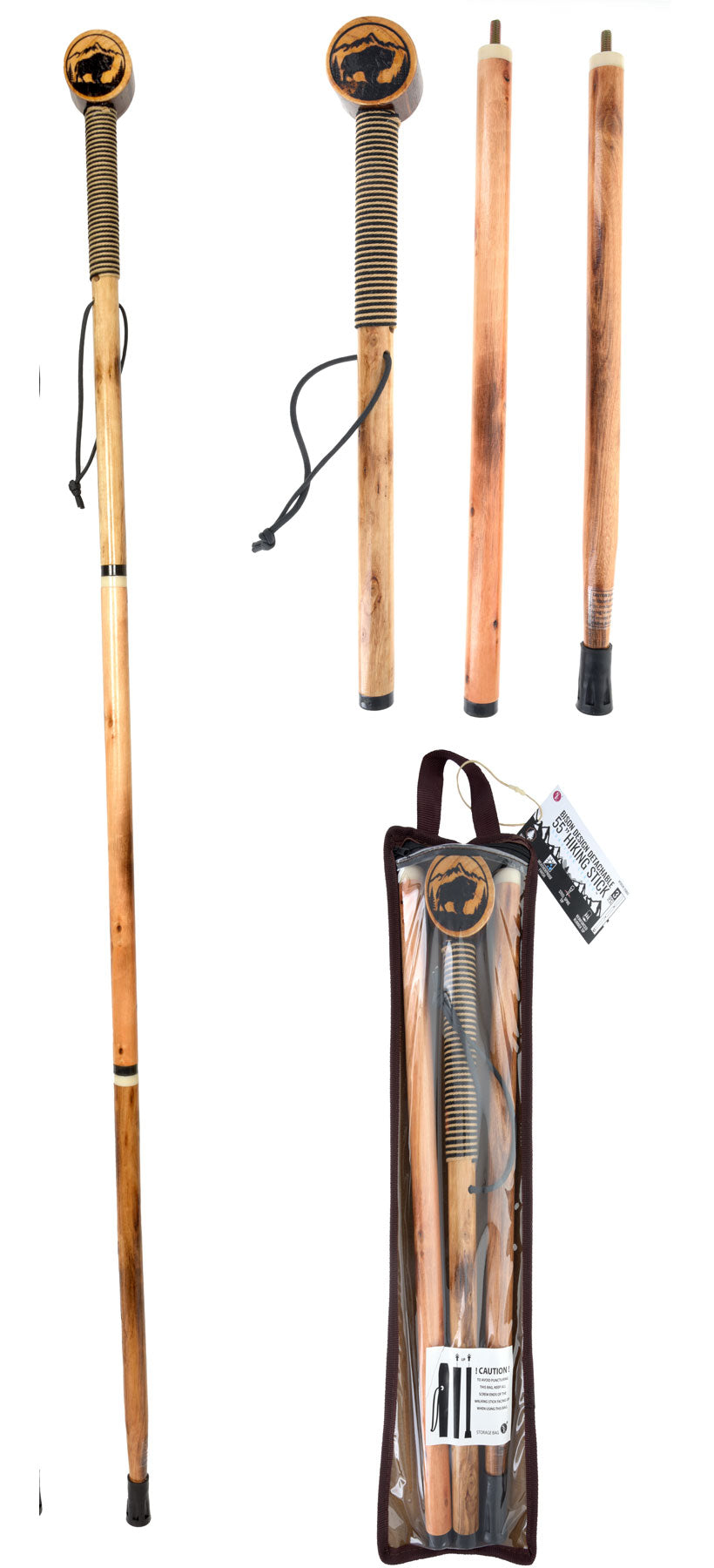 55"/3Pc Detachable Pine Wood Hiking Stick (Bison Design)