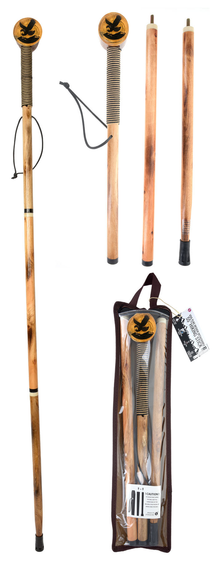 55"/3Pc Detachable Pine Wood Hiking Stick (Eagle Design)