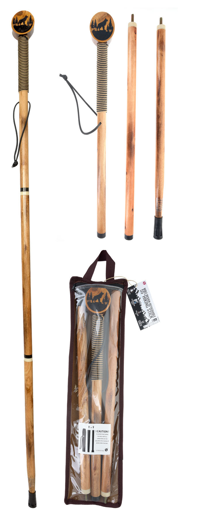 55"/3Pc Detachable Pine Wood Hiking Stick (Wolf Design)