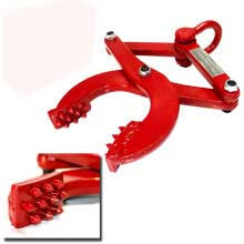 A red metal claw or gripper tool shown on a plain white background, with a small inset close-up of the textured claw end.