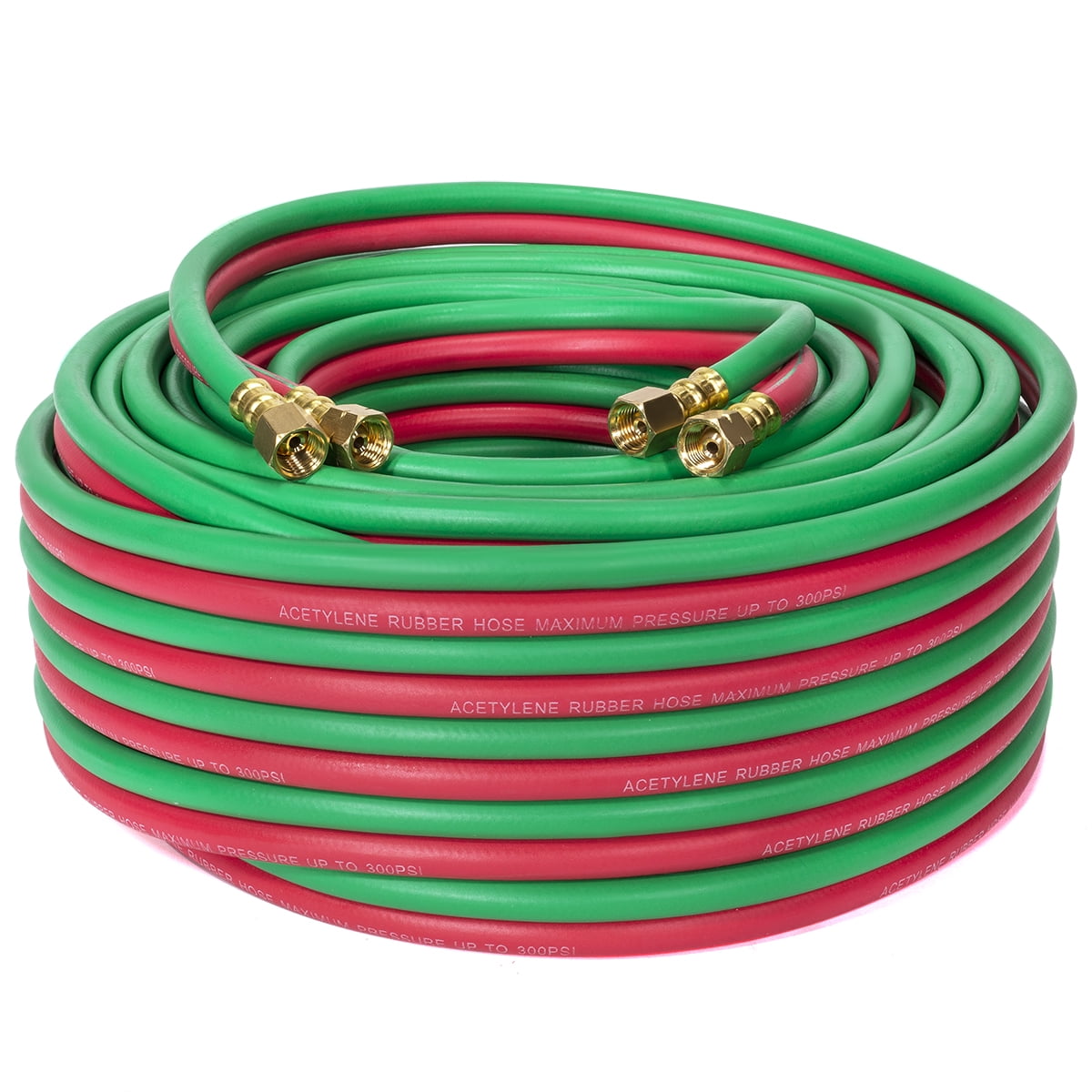 Coiled green and red acetylene rubber hose with brass connectors on a white background