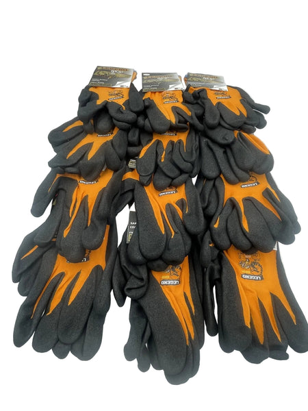 Six pairs of heavy-duty work gloves stacked together on a white surface. The gloves feature a black foam palm and fingers with bright orange grip strips on the back of the hands, and are still attached to their retail paper packaging.